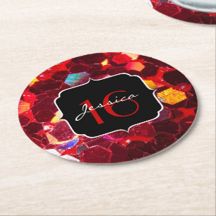 Rood abstract mozaïekglanzend glitterpatroon Sweet Ronde Kartonnen Onderzetter
