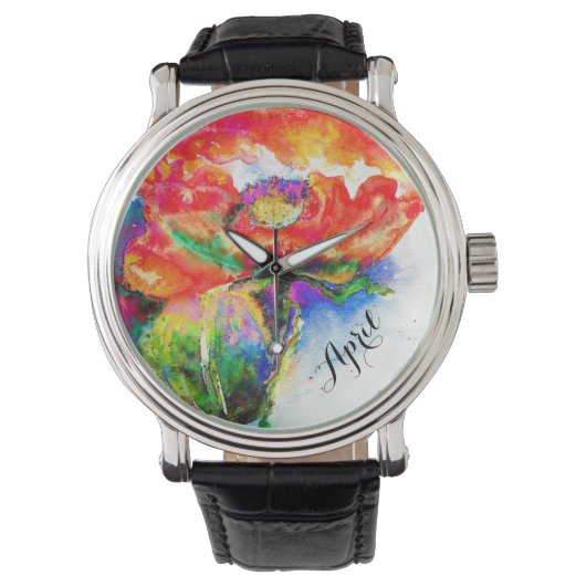 Rood abstract waterverf bloembloem monogram horloge (Voorkant)