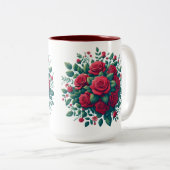 Rood accent met rode rozen patroon tweekleurige koffiemok (Voorkant rechts)