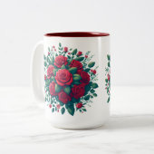 Rood accent met rode rozen patroon tweekleurige koffiemok (Voorkant links)