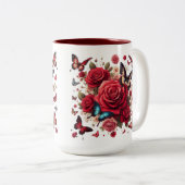 Rood accent met rode rozen tweekleurige koffiemok (Voorkant rechts)