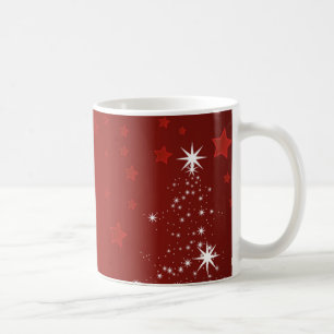 Rood achtergrond met kerstboom met ster koffiemok