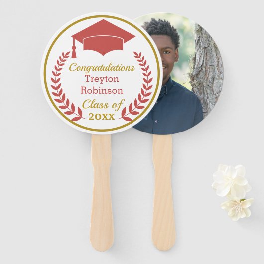 Rood Afstudeerder Pet Afstuderen Foto hand Fan Handwaaier (Voorkant en achterkant)