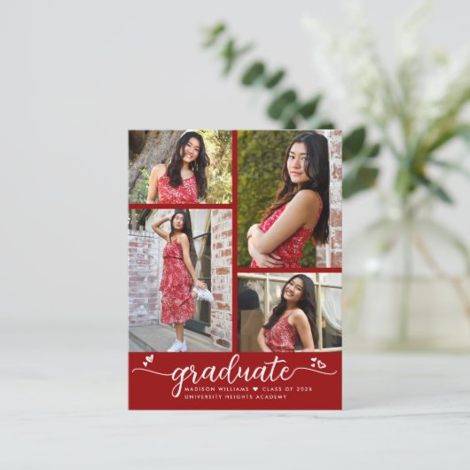 Rood Afstuderen 4 Foto modern Girly Script Hearts Uitnodiging Briefkaart (Staand voorkant)