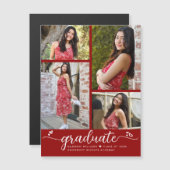 Rood Afstuderen 4 Fotoscript Hearts Modern Girly Magnetische Uitnodiging (Voorkant / Achterkant)