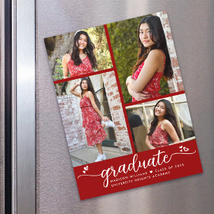 Rood Afstuderen 4 Fotoscript Hearts Modern Girly Magnetische Uitnodiging