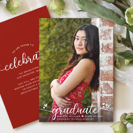 Rood Afstuderen foto kalligrafie Hearts Modern Aankondiging