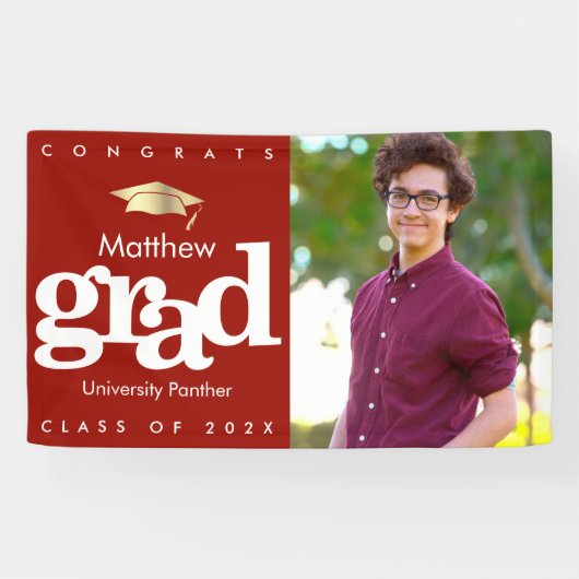 Rood afstuderen fotogoud pet gedurfd modern eenvou spandoek (Horizontaal)