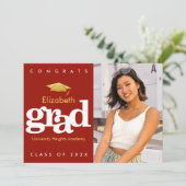 Rood afstuderen fotogoud pet modern vet type aankondiging (Staand voorkant)