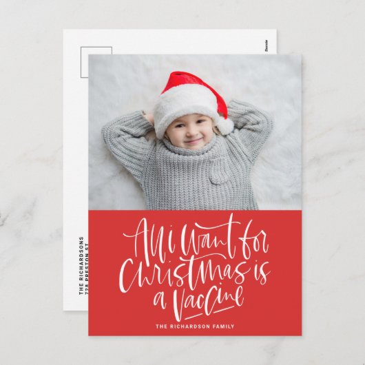 Rood alles wat ik voor Kerstmis wil is een Vaccinf Feestdagenkaart (Voorkant / Achterkant)