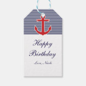 Rood anker Nautical Blue & White Stripe Label Cadeaulabel (Voorkant)