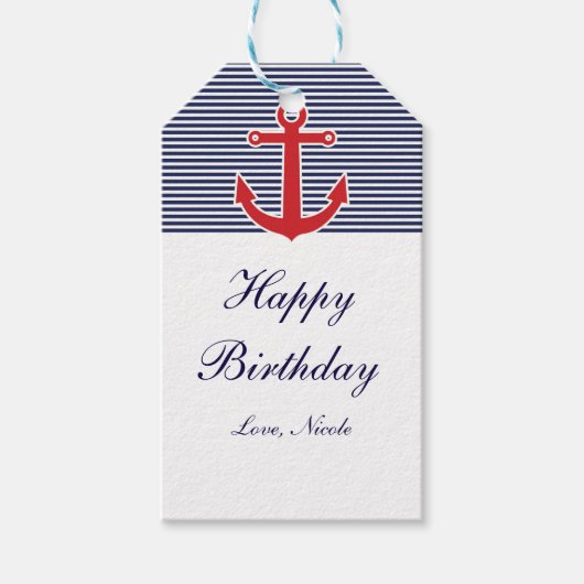 Rood anker Nautical Blue & White Stripe Label Cadeaulabel (Voorkant)