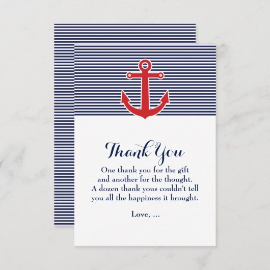 Rood anker Nautisch Blauw & Wit Dank u kaart (Voorkant / Achterkant)