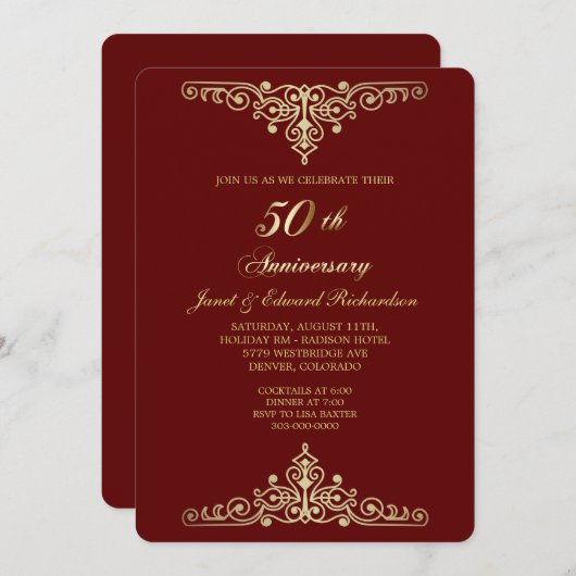 Rood Antiek Goud Victoriaans Gouden Bruiloft Kaart (Voorkant / Achterkant)