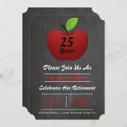 Rood Apple Teacher Retirement Uitnodiging (Voorkant / Achterkant)