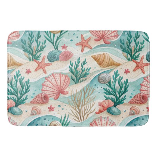 ROOD & AQUA TROPISCHE SCHELPEN & ZEESTERREN BADMAT (Voorkant)
