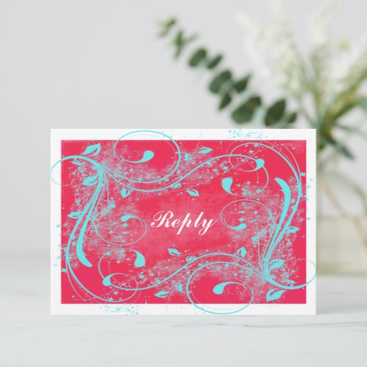 Rood, Aqua, White Swirls Reply Card RSVP Kaartje (Staand voorkant)
