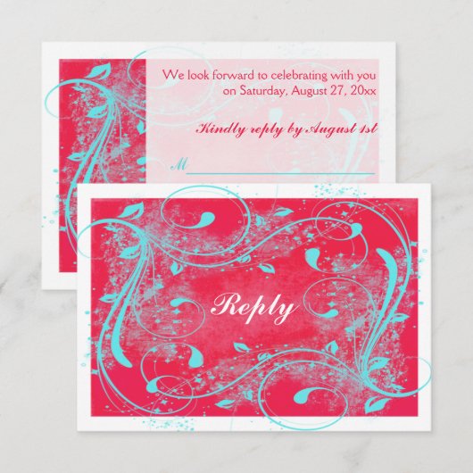 Rood, Aqua, White Swirls Reply Card RSVP Kaartje (Voorkant / Achterkant)