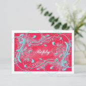 Rood, Aqua, White Swirls Reply Card RSVP Kaartje (Staand voorkant)