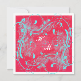 Rood, Aqua, White Swirls Wedding Invitation Kaart