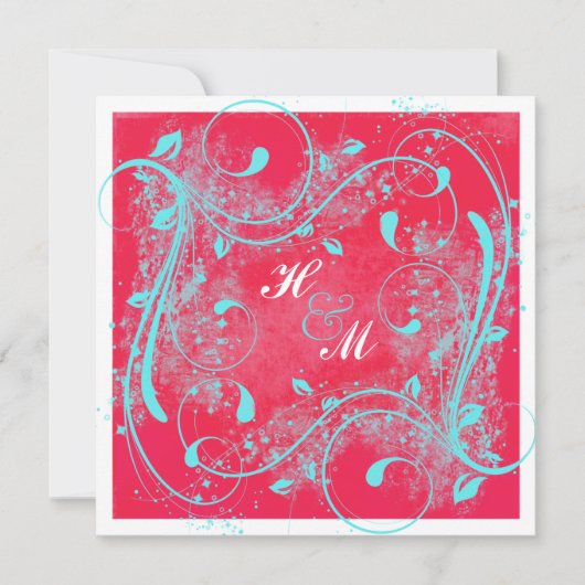 Rood, Aqua, White Swirls Wedding Invitation Kaart (Voorkant)