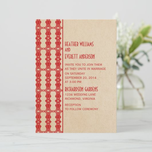 Rood Art Deco Border Wedding Uitnodiging (Staand voorkant)