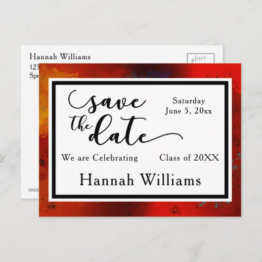 Rood, Artsy, Uniek Afstuderen Sla de datum op Aankondigingskaart (Voorkant / Achterkant)