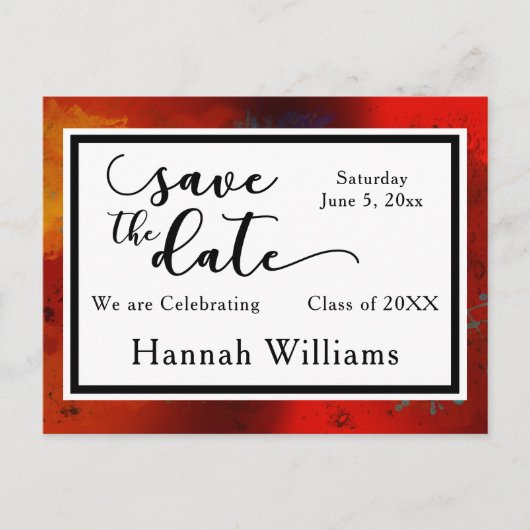 Rood, Artsy, Uniek Afstuderen Sla de datum op Aankondigingskaart (Voorkant)