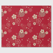 Rood Aziatisch patroon met lentesbloemen Cadeaupapier (Vlak)