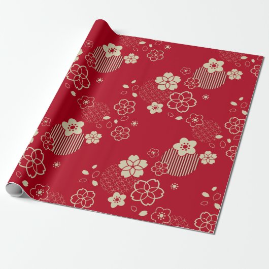 Rood Aziatisch patroon met lentesbloemen Cadeaupapier (Uitgerold)