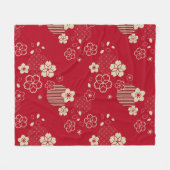 Rood Aziatisch patroon met lentesbloemen Fleece Deken (Voorkant (Horizontaal))