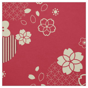 Rood Aziatisch patroon met lentesbloemen Stof