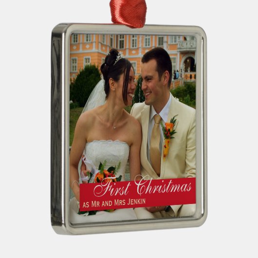Rood bandpaar eerste kerstvierkant foto metalen ornament (Rechts)