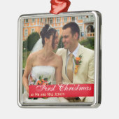 Rood bandpaar eerste kerstvierkant foto metalen ornament (Links)