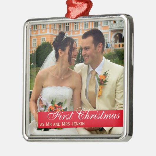 Rood bandpaar eerste kerstvierkant foto metalen ornament (Links)