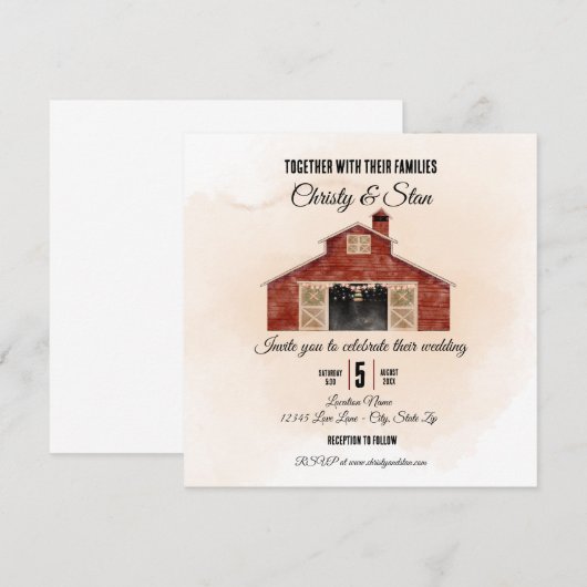 Rood-Barn-bruiloft Kaart (Voorkant / Achterkant)