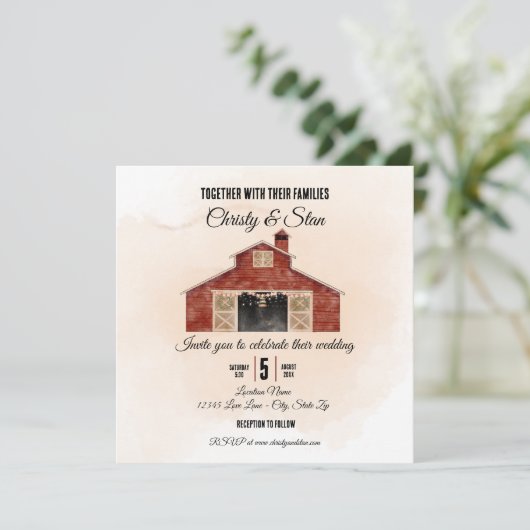 Rood-Barn-bruiloft Kaart (Staand voorkant)