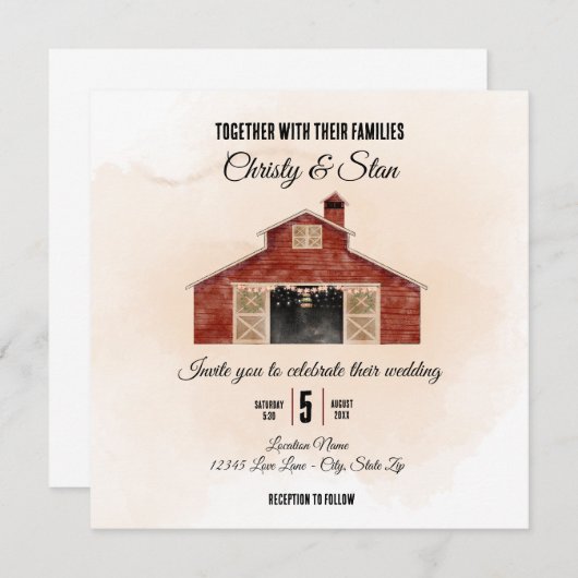 Rood-Barn-bruiloft Kaart (Voorkant / Achterkant)