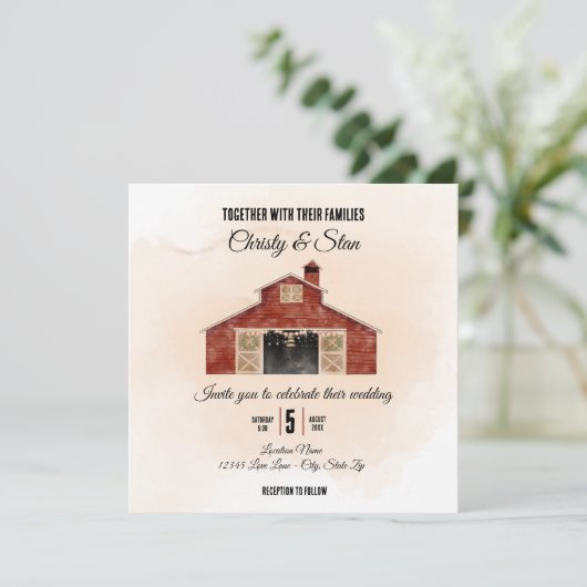 Rood-Barn-bruiloft Kaart (Staand voorkant)