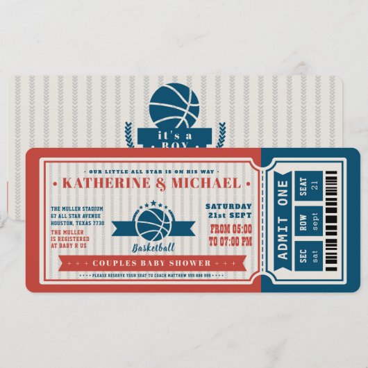 Rood  Basketball Ticket Couples Baby shower Kaart (Voorkant / Achterkant)