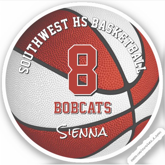 Rood basketbalteam kleurt kinder naam sticker (Voorkant)