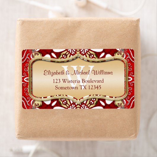 Rood batik Monogram Weddenschap Adresetiketten Etiket (Insitu)
