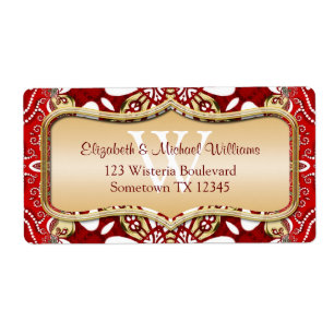 Rood batik Monogram Weddenschap Adresetiketten Etiket