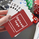 Rood bedrijfsmerk op speelkaarten<br><div class="desc">speelkaarten met rode achtergrond. Pas het aan door uw bedrijfsnaam te typen en uw zakelijke logo te uploaden. Pas het aan en neem het op in uw promotieproducten, weggeefartikelen of geschenken aan uw klanten of klanten, een marketingstrategie om uw bedrijf te adverteren of om uw merknaam te promoten. speelkaarten die...</div>