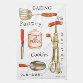 Rood behandeld  keukenbakgereedschap op handdoek. theedoek (Verticaal)