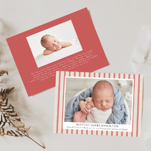 Rood & beige Farmhouse Linen Stripes Foto Birth Aankondiging