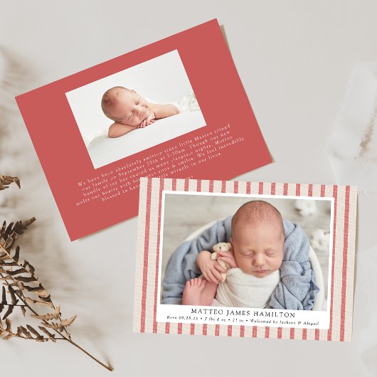 Rood & beige Farmhouse Linen Stripes Foto Birth Aankondiging