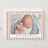 Rood & beige Farmhouse Linen Stripes Foto Birth Aankondiging (Voorkant)