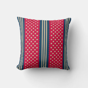 Rood & Beige Polka Dots Navy Blue Stripes Patroon Kussen