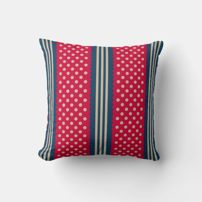 Rood & Beige Polka Dots Navy Blue Stripes Patroon Kussen (Voorkant)